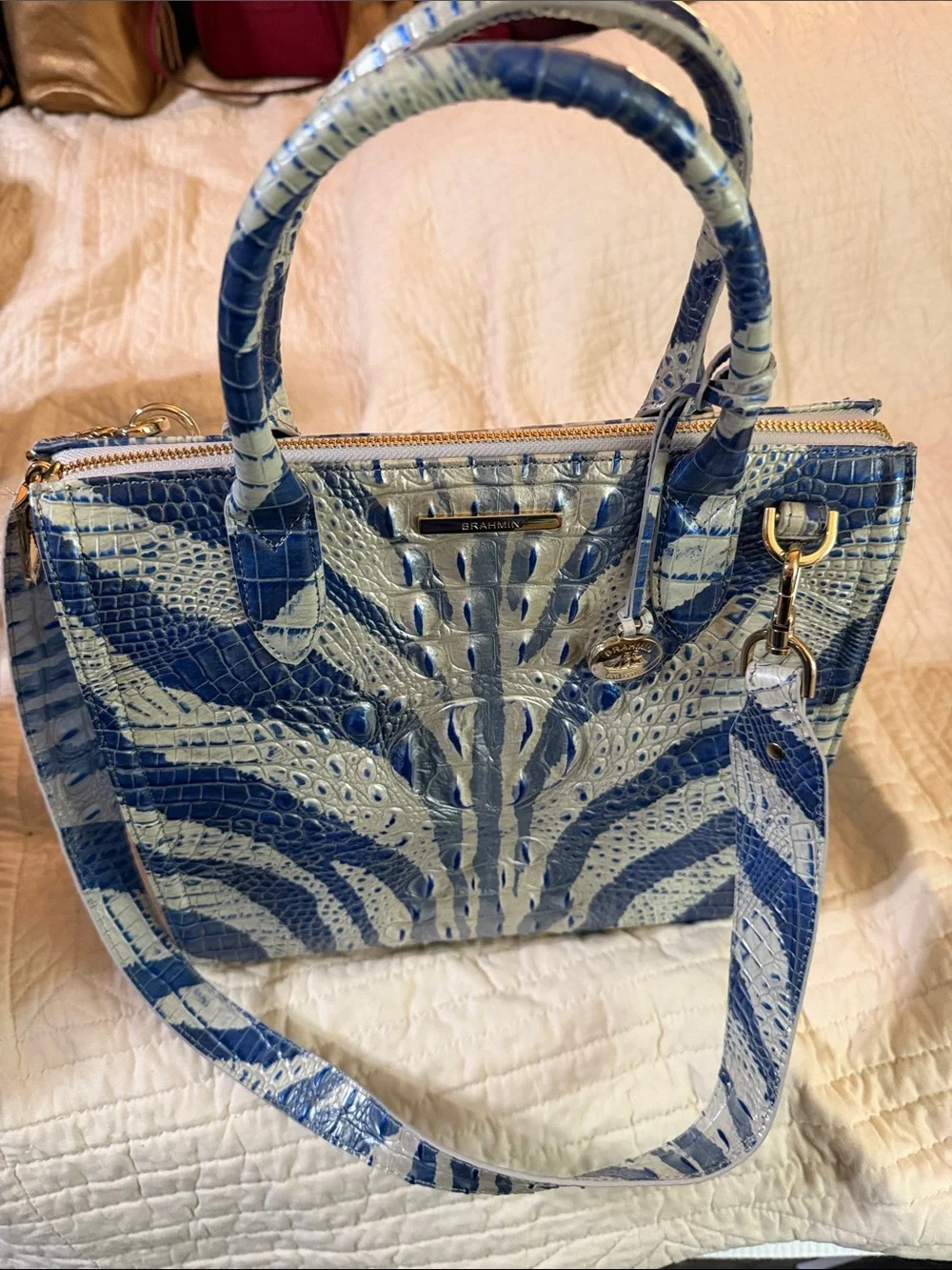 Brahmin Caroline Dazzle Melbourne Blue and White Croc-Embossed Satchel
